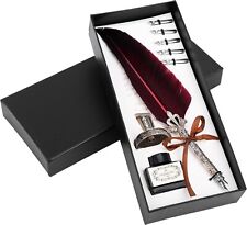 8 Piece Calligraphy Red Feather Pen Set with Holder, Ink Bottle and Nibs