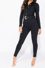 Black Belt Long Sleeve Denim Jumpsuit Catsuit Playsuit