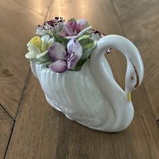 Royal Doulton Bone China 3" White Swan W/ Pastel Flowers Figurine