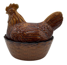 Vintage Brown Glaze Ceramic Hen on Nest Dish Egg Holder Basket Weave - C106 O872