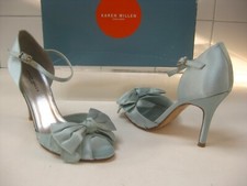 KAREN MILLEN STILETTOS SANDALS SHOES 4.5 aqua green blue faux silk high heels
