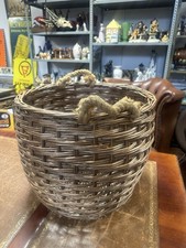 Vintage Barrel Shaped Wicker Basket With Hemp Rope Handles 48cm W 39cm Tall