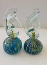 Two Vintage Mdina Art Glass Seahorse Paperweights Blue Green