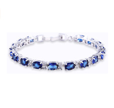 Blue Sapphire White Topaz Stone Tennis 925 Sterling Silver Bracelet FREE Box 