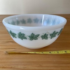 Vtg Phoenix Opalware Large Mixing Bowl with Green Ivy Leaf Pattern Milk Glass