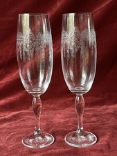 Pair Of Vintage Bohemian Needle Etched Champagne Flutes Glasses Swags Pattern