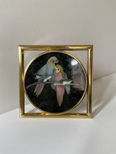 Mosalite Inlaid Stone Parrots On Branch On A Brass Tone Frame Stand Vintage