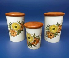 VINTAGE CROWN DEVON STORAGE JARS CANNISTERS X3 CERAMIC WOOD 1930s COTTAGECORE