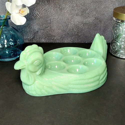 Green jadeite glass hen - glass,