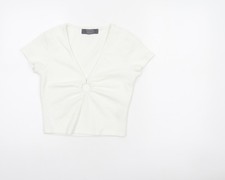 Primark Womens White Cropped V-Neck Ring Detail T-Shirt Size S