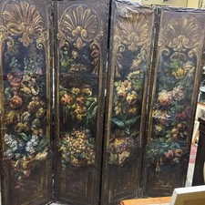 Beautiful Antique Hand Painted Canvas Bedroom Four Panel Screen Wall Art 19th C