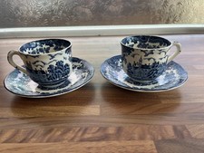  Royal Worcester Palissy Blue & White China 1790 Avon Scenes Teacup & Saucer x 2