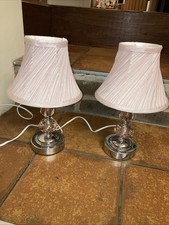 Pair Of Touch Bedside Table Tamps. Silver And Pink Glass With Dusky Pink Shades