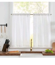 TOPICK Blend Linen White Curtains W26 L36" Drop Small Cafe Kitchen Rod Poket 2pc
