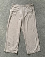 George Linen Blend Wide Leg Trousers Elastic Waist Stone UK 18