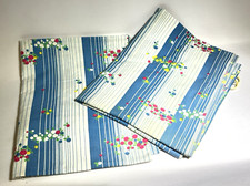 Vintage 1950s Pair Blue White Stripe Floral Cotton Curtains Width 32" Drop 39"