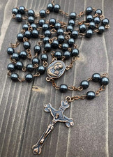 Beautiful Our Lady Hematite Stone Rosary Beads with Grey or Copper Crucifix
