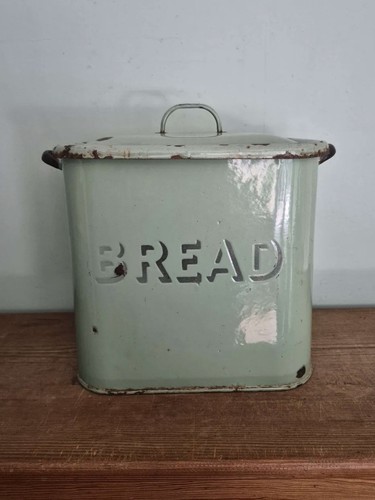 Vintage enamel bread - bin, green