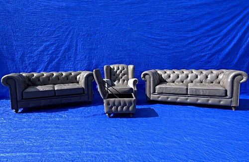 Grey leather chesterfield - leather, 3