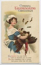 Lady Plucking a Turkey Vintage Vintage Thanksgiving Greetings Postcard F4