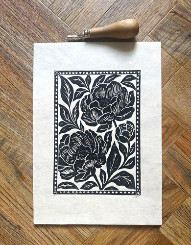 Peony lino print hand - peony, a4,