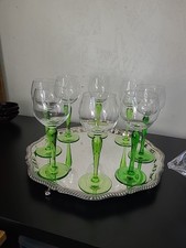 Set Of 9 Vintage Green Stem Hand Blown- Mid Cemtury Bohemian Style