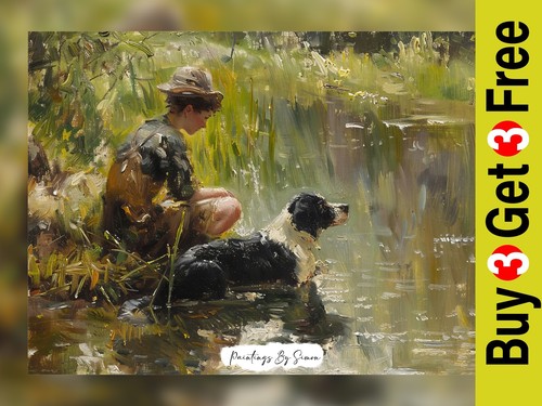 Boy and dog pond impasto - boy,