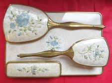4 Piece Vintage Dressing Table Set Tray Brushes Mirror Blue Embroidered Design