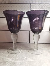 2 x Huge Heavy Artland Iris Wine Glass Goblet Purple Seeded Handblown - 8" Tall