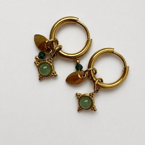 Gold green stone charm - stone, hoop