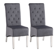 Set of 2 High Back Velvet Dining Chairs Black Grey with Lion Knocker & Steel Leg