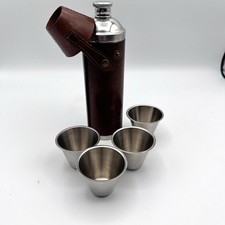 Vintage Hip Flask The Bridge Leather Set – 4 Stainless Cups – England