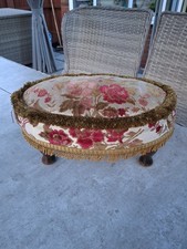 Low Vintage Fabric Covered Footstool,  Gold Fringe. Wooden Legs