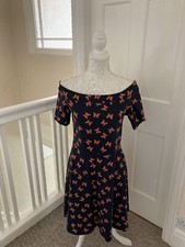 Debenhams Navy Coral Butterfly Print Bardot Style Fit Flare Dress SZ 12 Stretch