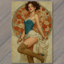 POSTCARD Burlesque Dancer Blue Corset Thigh High Boots Vintage Floral Backdrop