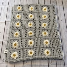 Shabby Chic Crochet Daisy Throw Blanket Gray Yellow Flower Cottagecore 50x60