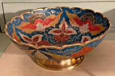 Vintage Indian Brass Footed Bowl Vibrant Enamelled Colour Scallop Rim 16c (268