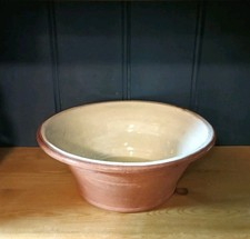 Antique Terracotta & cream glaze Dairy Bowl. Pancheon. handmade 27cm diameter 