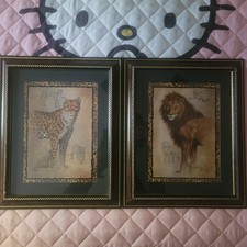 Vintage Set of 2 Lion & Cheetah exotic cats wood framed Wall Prints J. Gibson