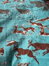 Vintage Remnant Linen/Cotton Turquoise Print Safari Wild Animals Running 138 X89