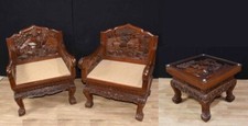 Hand Carved Chinese Hardwood Chairs and Coffee Table Set