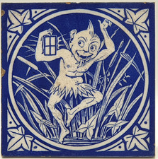 Arts & Crafts Minton Tile Blue Block Printed Elfin Series C1875 AE1