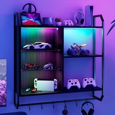 Wall Mounted Storage Cabinet Wood Floating RGB Light Display Shelf 6 Hook Remote
