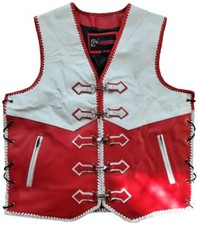 Motorcycle Clip Vest Leather Waistcoat Biker Leather Red Triple Braided Vest