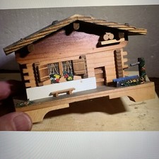 Vintage Dusty Wooden Musical Swiss Chalet Hinged Lid Trinket Box Happy Wanderer