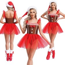 UK Womens Gingerbread Man Costume Christmas Party Tutu Dress Ice Skating Dress