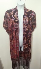 M&S Burgundy Red Velvet Devore Tassel Kaftan Shawl Cover Up Kimono Art Deco M 14
