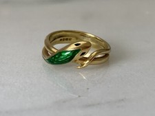 18ct Gold Snake Ring, Green Enamel Detailing, 1970’s Vintage, Size O