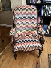 Antique  Arm Chair Reupholstered in a chevron Jacquard/Talestry Fabric