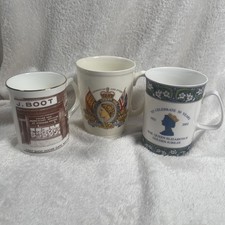  3 x Antique Mug 1953 Royal Coronation 2002 Golden Jubilee & Boots 1st Store.
